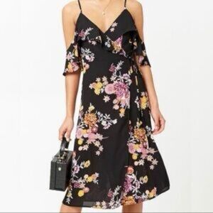 BAND OF GYPSIES | Black Floral Midi Off the Shoulder Faux Wrap Dress